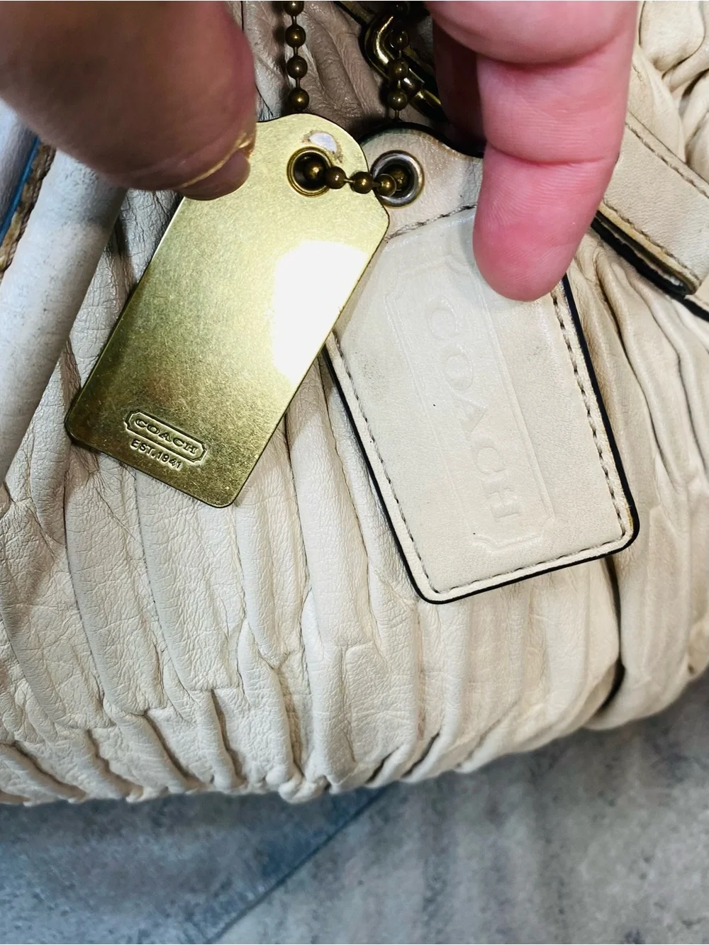 Coach Madison Gathered Leather Satchel Bag Off-White Cream Gold Hardware